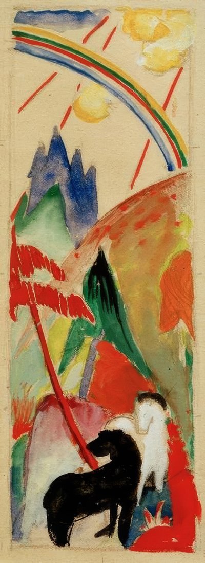 Zwart en wit paard in berglandschap met regenboog door Franz Marc